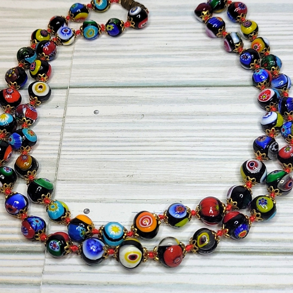 VTG Italian Millefiori Glass Bead Gold Filigree RARE Long 26" Necklace EVC